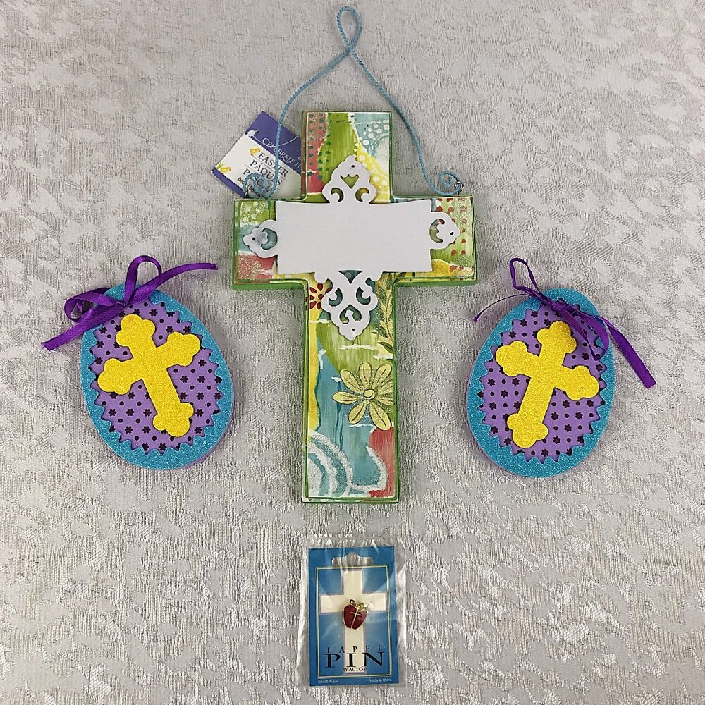 Christian Easter Cross Decor Bundle: Ornaments + Vintage 1998 Lapel Pin NWT